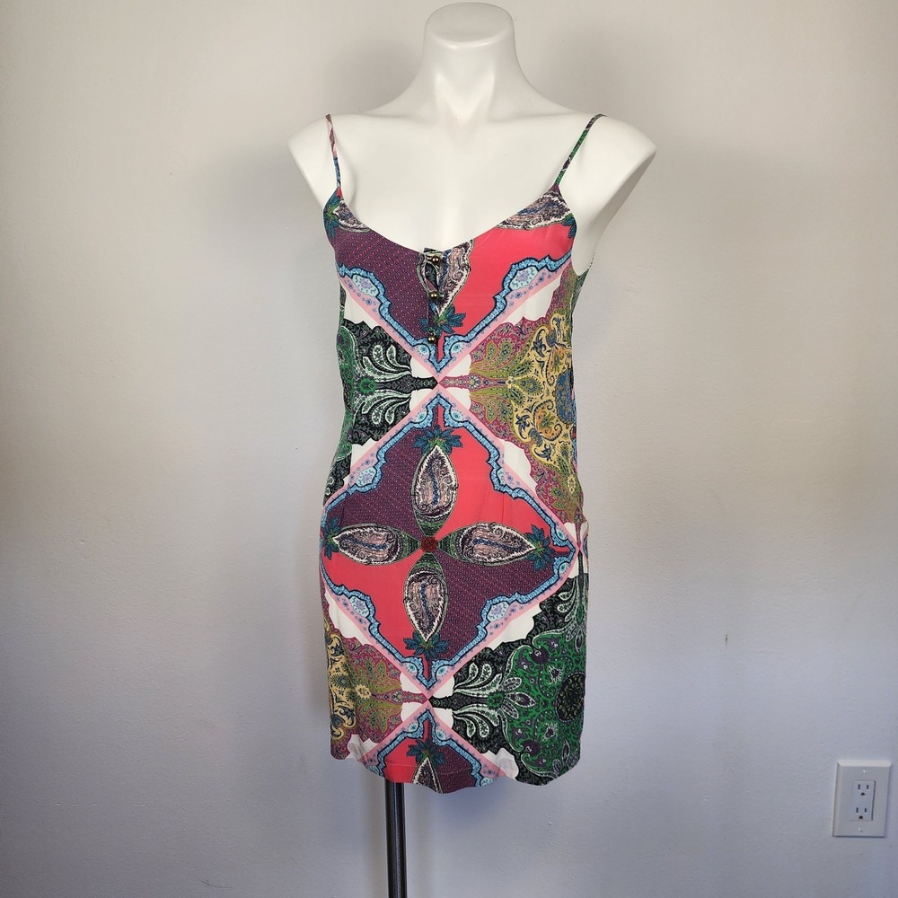 Yumi Kim 100% Silk Multicolor Patterned Spaghetti Strap Mini Dress Women's Small